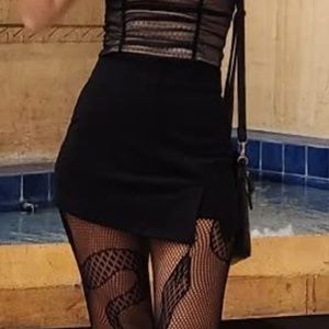 Mid Waist Asymmetrical Split Front Hem Black Leather Mini Skirt Short Skort